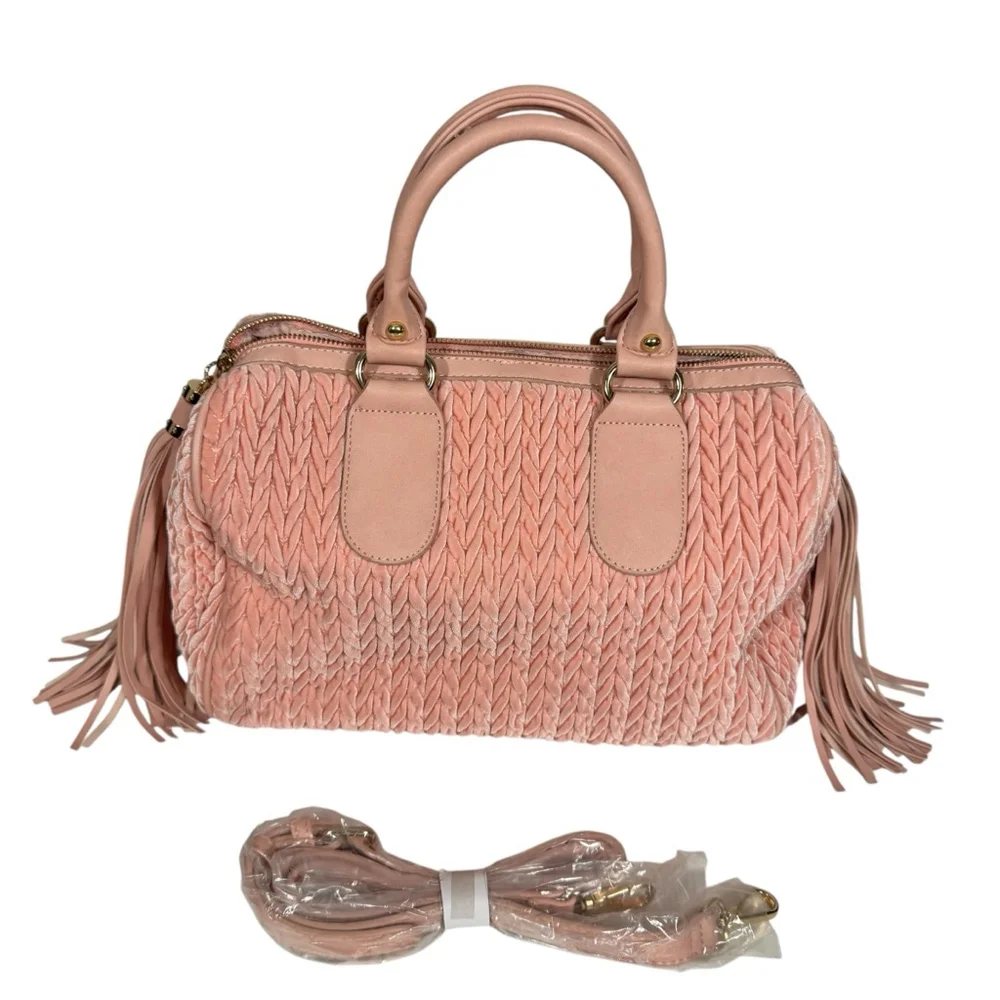 Pink Quilted Velvet Chevron Boston Satchel Handbag Crossbody Strap